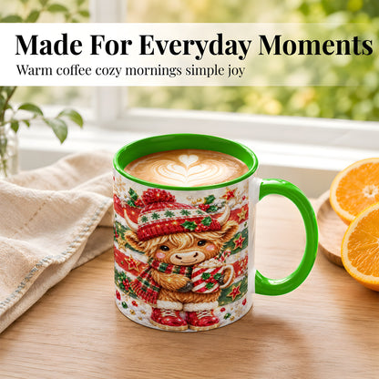 #pl[11oz|Green] Christmas Highland Cow Coffee Mug, Holiday Cow Mug, Ceramic Cup