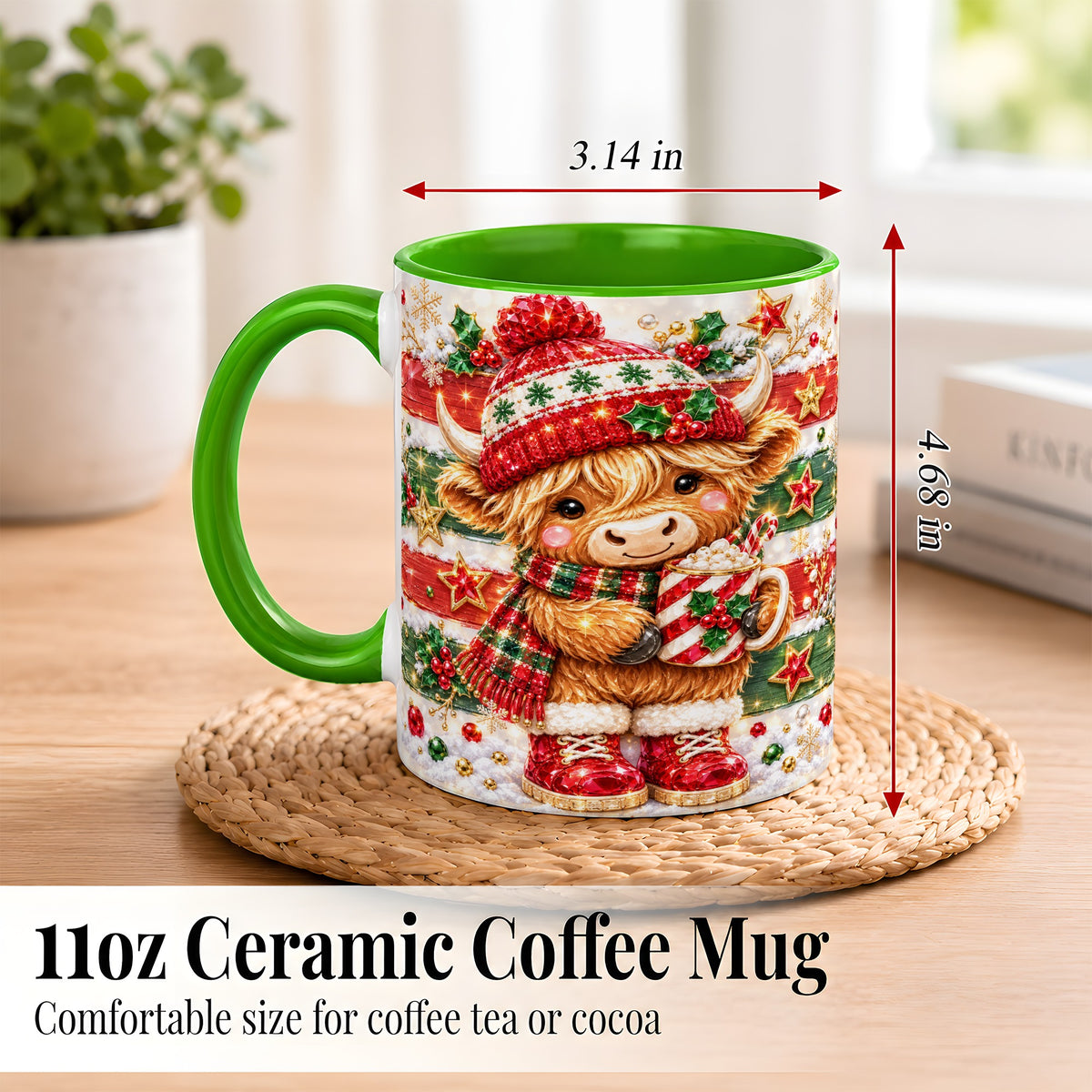 #pl[11oz|Green] Christmas Highland Cow Coffee Mug, Holiday Cow Mug, Ceramic Cup