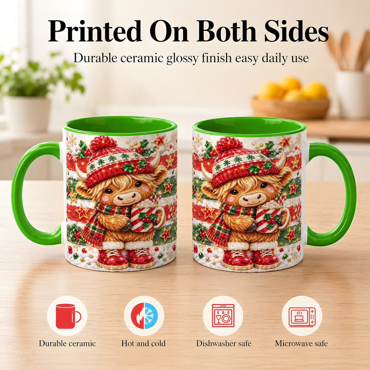 #pl[11oz|Green] Christmas Highland Cow Coffee Mug, Holiday Cow Mug, Ceramic Cup