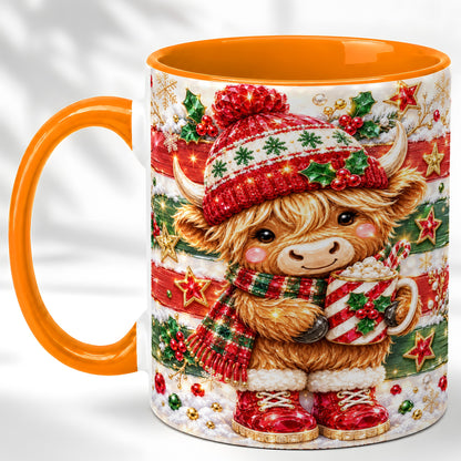 #pl[11oz|Orange] Christmas Highland Cow Coffee Mug, Holiday Cow Mug, Ceramic Cup