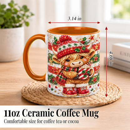 #pl[11oz|Orange] Christmas Highland Cow Coffee Mug, Holiday Cow Mug, Ceramic Cup