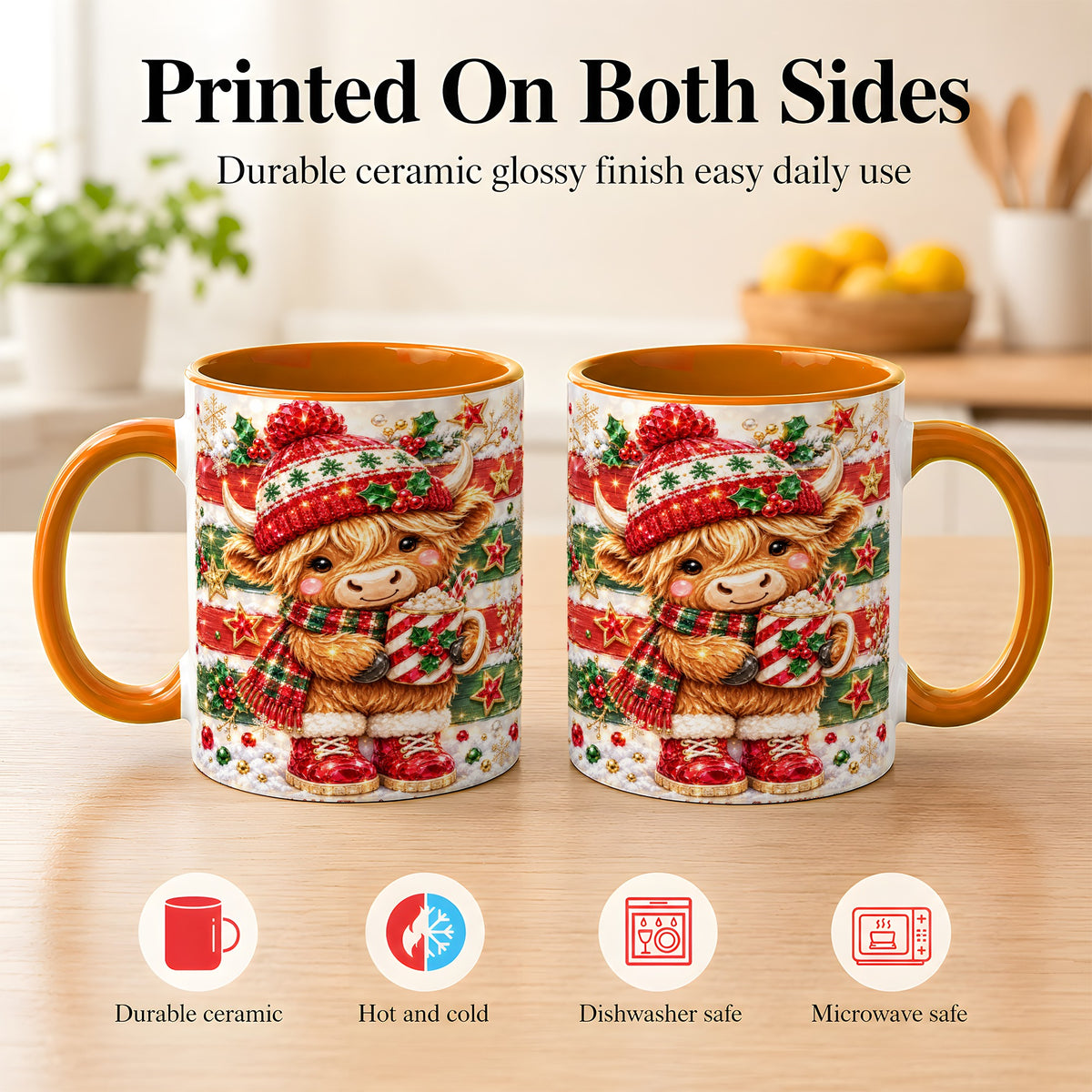 #pl[11oz|Orange] Christmas Highland Cow Coffee Mug, Holiday Cow Mug, Ceramic Cup