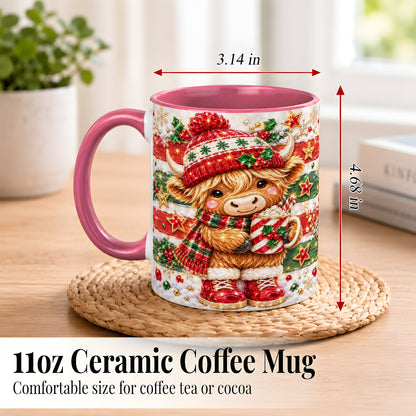 #pl[11oz|Pink] Christmas Highland Cow Coffee Mug, Holiday Cow Mug, Ceramic Cup