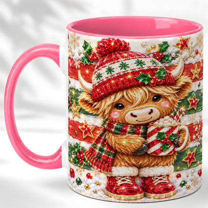 #pl[11oz|Pink] Christmas Highland Cow Coffee Mug, Holiday Cow Mug, Ceramic Cup