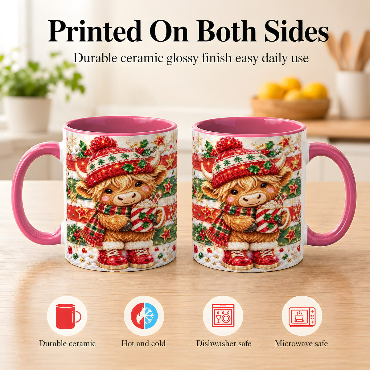 #pl[11oz|Pink] Christmas Highland Cow Coffee Mug, Holiday Cow Mug, Ceramic Cup