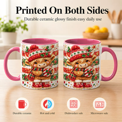 #pl[11oz|Pink] Christmas Highland Cow Coffee Mug, Holiday Cow Mug, Ceramic Cup