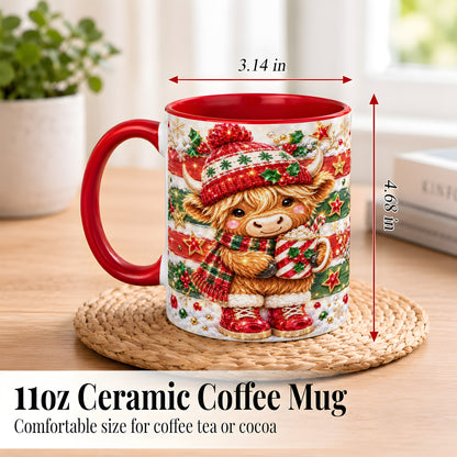 #pl[11oz|Red] Christmas Highland Cow Coffee Mug, Holiday Cow Mug, Ceramic Cup