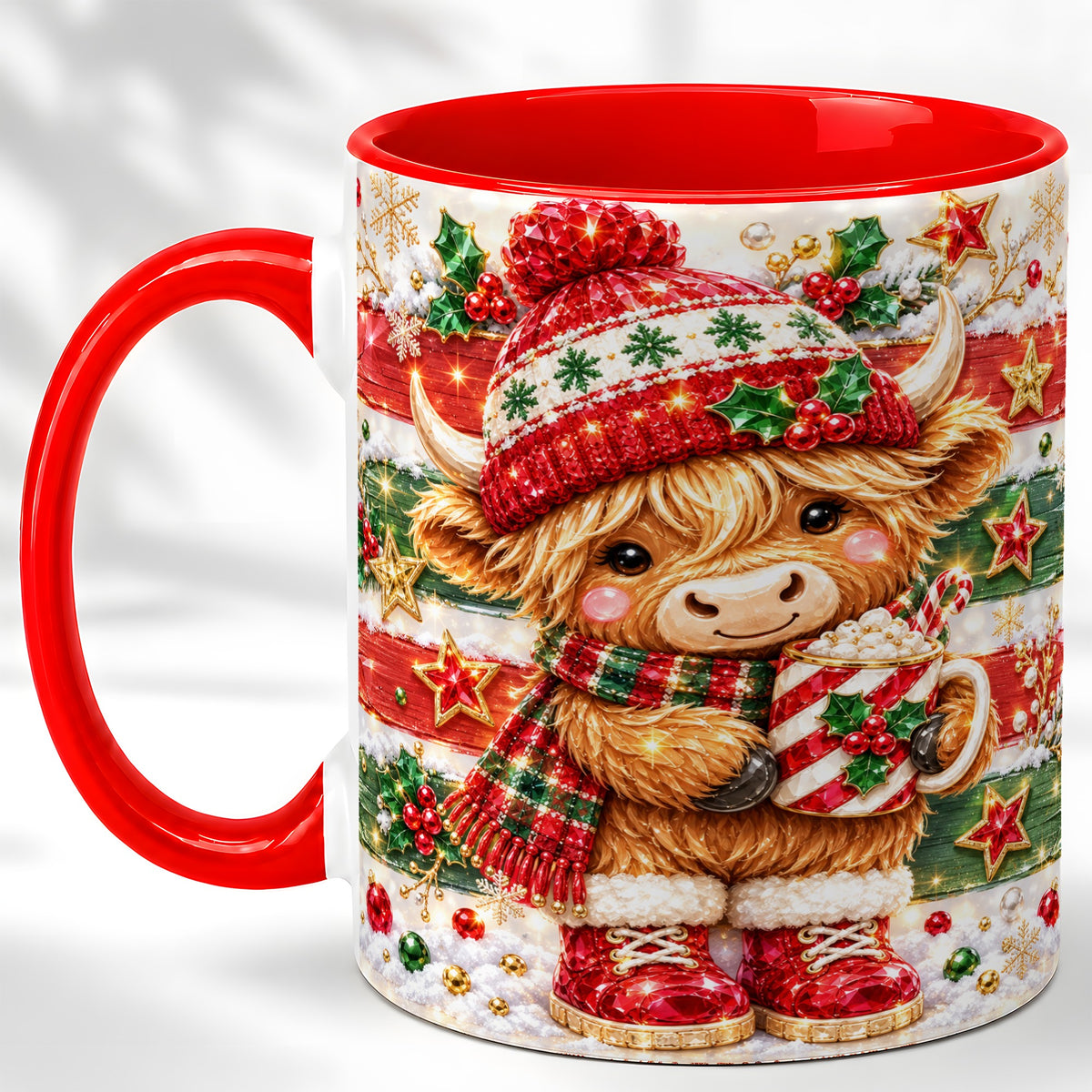 #pl[11oz|Red] Christmas Highland Cow Coffee Mug, Holiday Cow Mug, Ceramic Cup