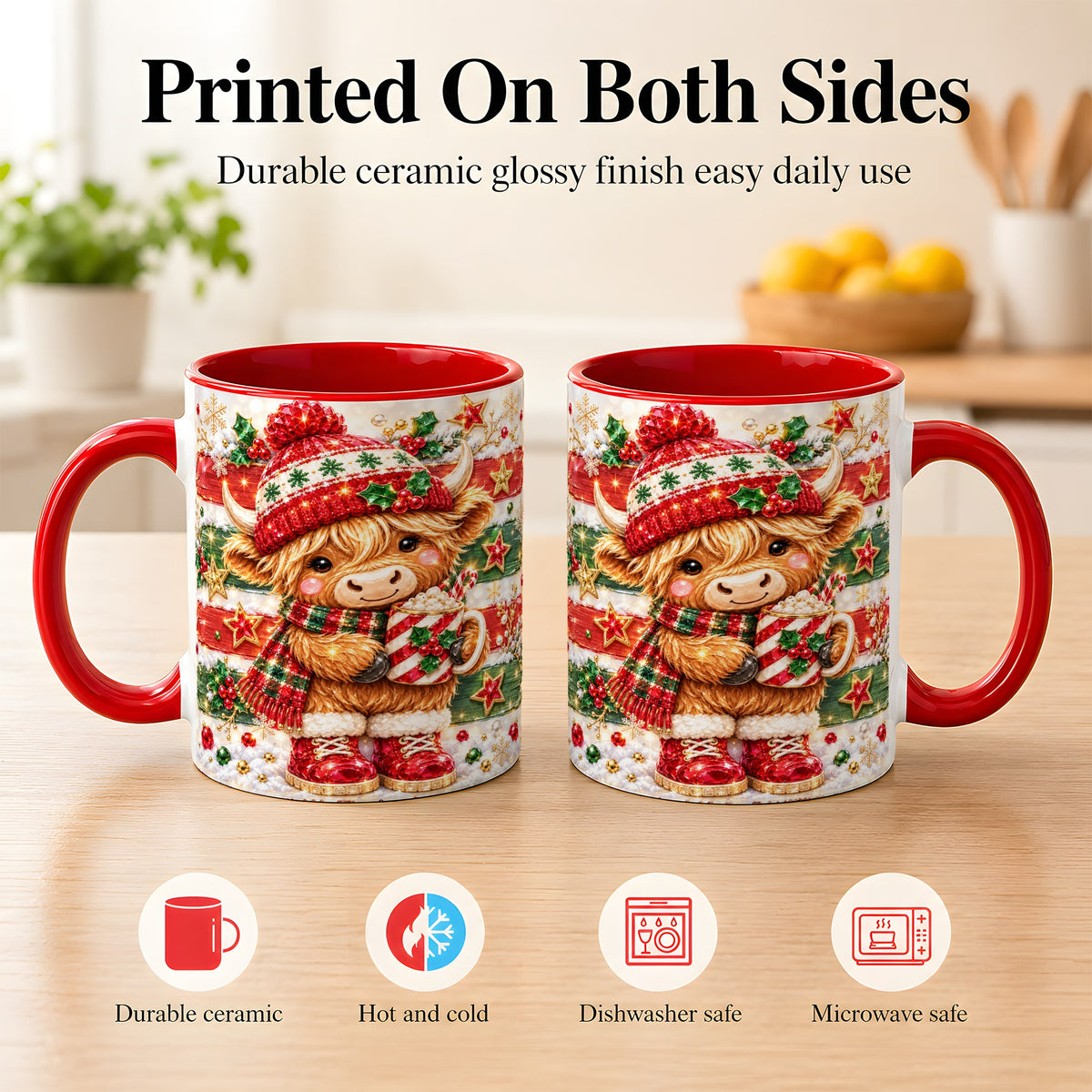 #pl[11oz|Red] Christmas Highland Cow Coffee Mug, Holiday Cow Mug, Ceramic Cup