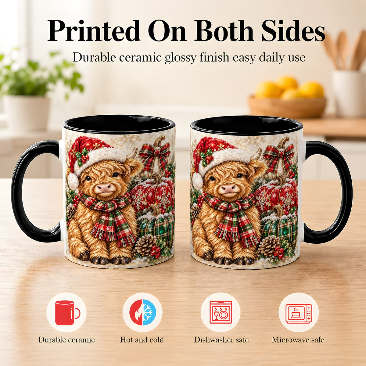#pl[11oz|Black] Christmas Highland Cow Coffee Mug, Holiday Pumpkin Cow Mug, Ceramic Cup