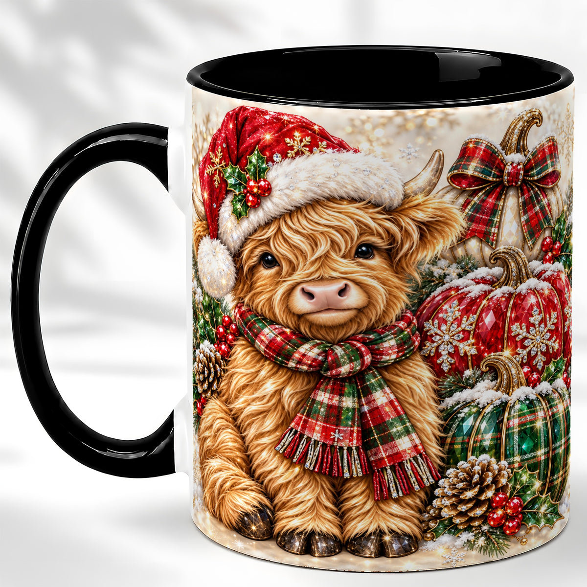 #pl[11oz|Black] Christmas Highland Cow Coffee Mug, Holiday Pumpkin Cow Mug, Ceramic Cup