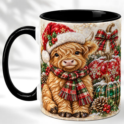 #pl[11oz|Black] Christmas Highland Cow Coffee Mug, Holiday Pumpkin Cow Mug, Ceramic Cup