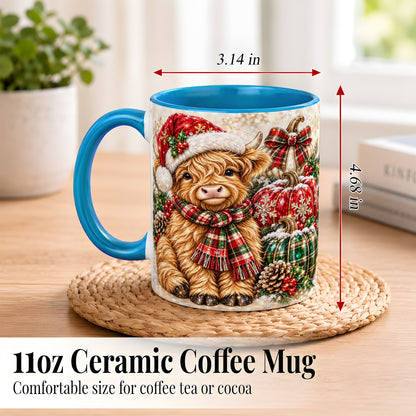 #pl[11oz|Blue] Christmas Highland Cow Coffee Mug, Holiday Pumpkin Cow Mug, Ceramic Cup