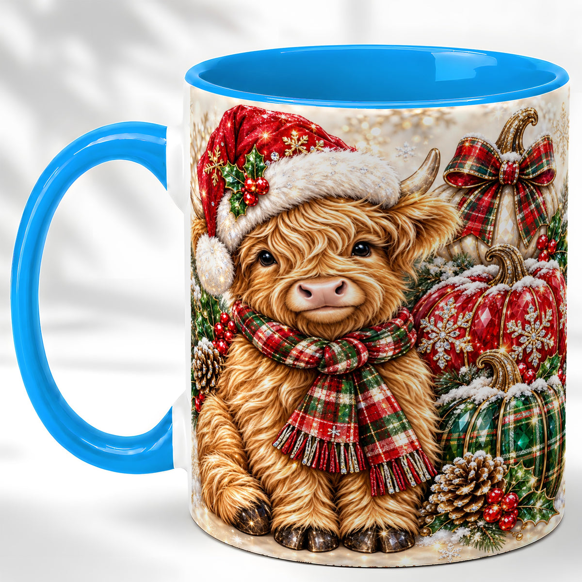 #pl[11oz|Blue] Christmas Highland Cow Coffee Mug, Holiday Pumpkin Cow Mug, Ceramic Cup