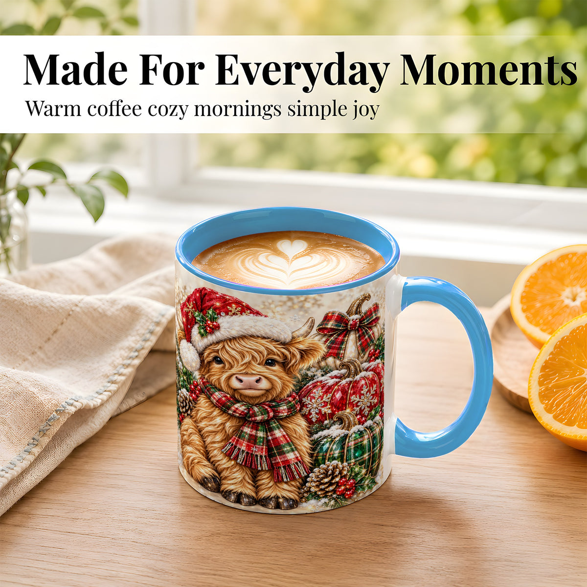 #pl[11oz|Blue] Christmas Highland Cow Coffee Mug, Holiday Pumpkin Cow Mug, Ceramic Cup