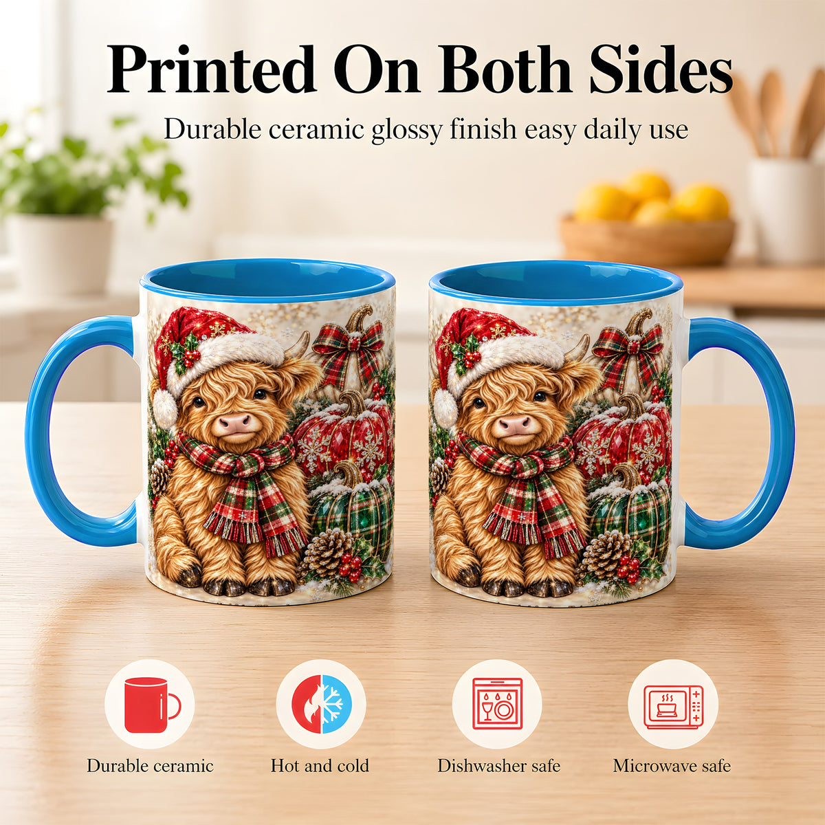 #pl[11oz|Blue] Christmas Highland Cow Coffee Mug, Holiday Pumpkin Cow Mug, Ceramic Cup