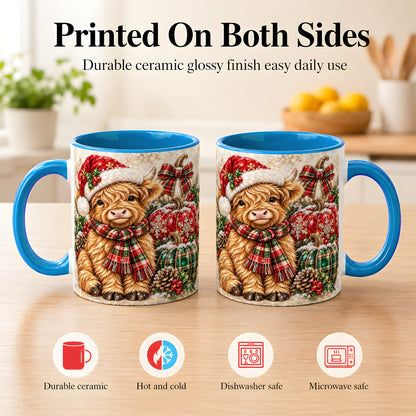 #pl[11oz|Blue] Christmas Highland Cow Coffee Mug, Holiday Pumpkin Cow Mug, Ceramic Cup