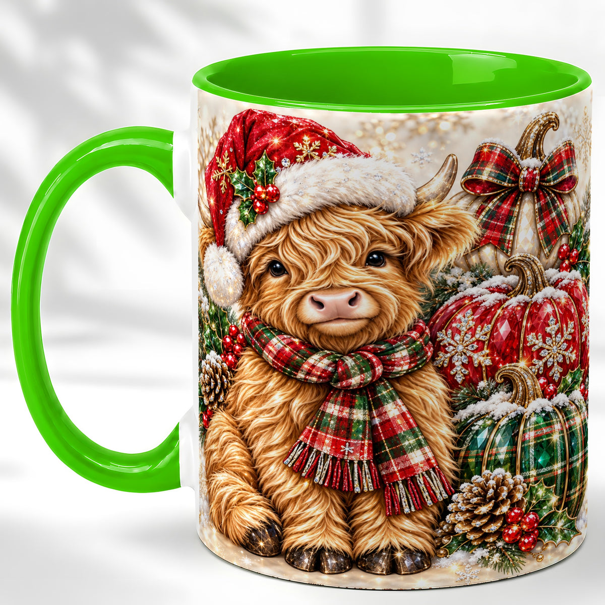 #pl[11oz|Green] Christmas Highland Cow Coffee Mug, Holiday Pumpkin Cow Mug, Ceramic Cup