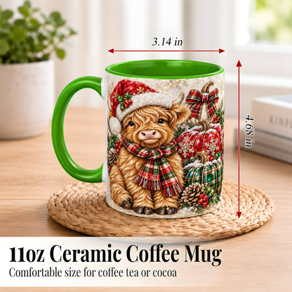 #pl[11oz|Green] Christmas Highland Cow Coffee Mug, Holiday Pumpkin Cow Mug, Ceramic Cup