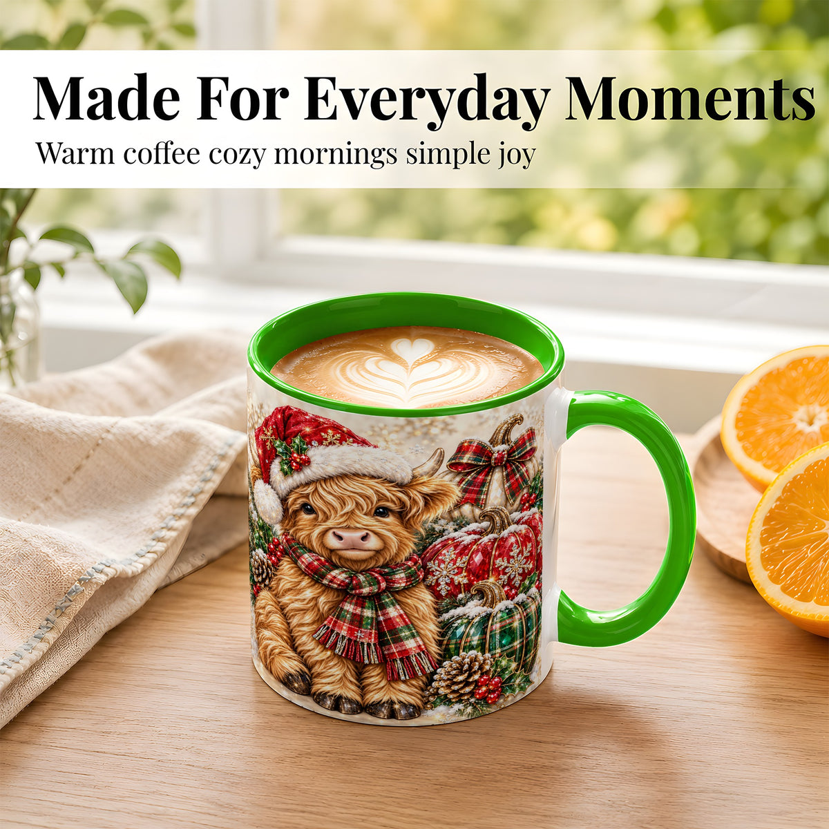 #pl[11oz|Green] Christmas Highland Cow Coffee Mug, Holiday Pumpkin Cow Mug, Ceramic Cup