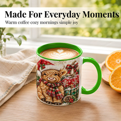#pl[11oz|Green] Christmas Highland Cow Coffee Mug, Holiday Pumpkin Cow Mug, Ceramic Cup