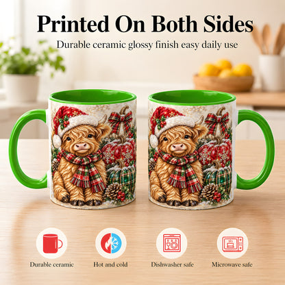 #pl[11oz|Green] Christmas Highland Cow Coffee Mug, Holiday Pumpkin Cow Mug, Ceramic Cup