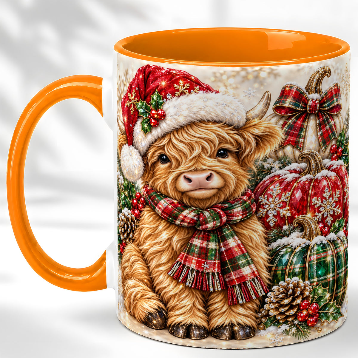#pl[11oz|Orange] Christmas Highland Cow Coffee Mug, Holiday Pumpkin Cow Mug, Ceramic Cup