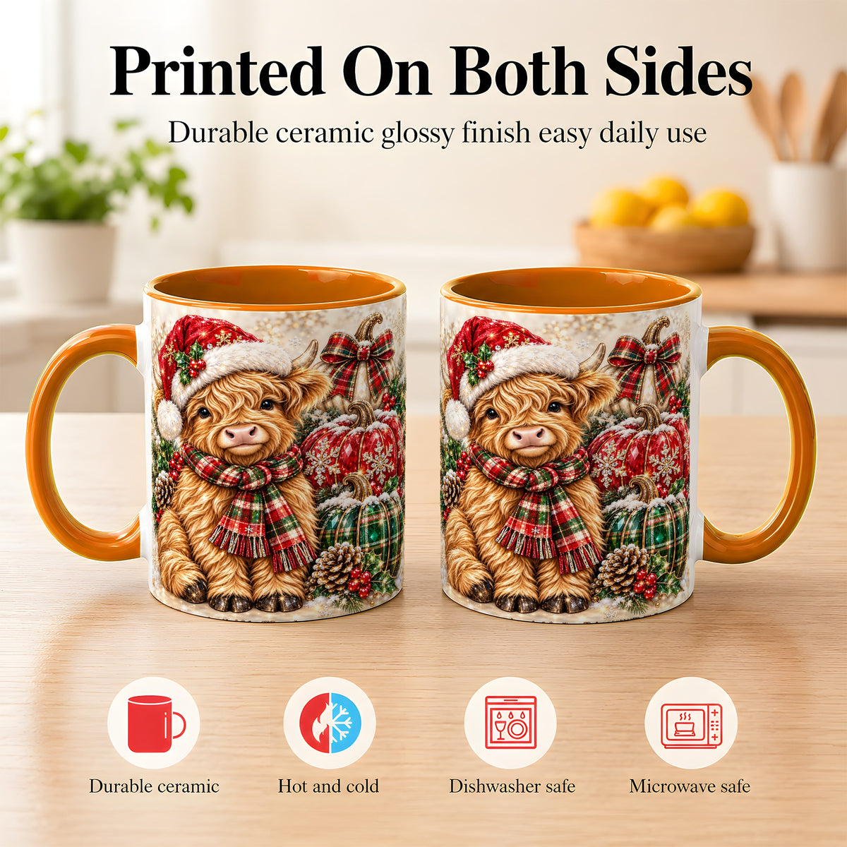 #pl[11oz|Orange] Christmas Highland Cow Coffee Mug, Holiday Pumpkin Cow Mug, Ceramic Cup