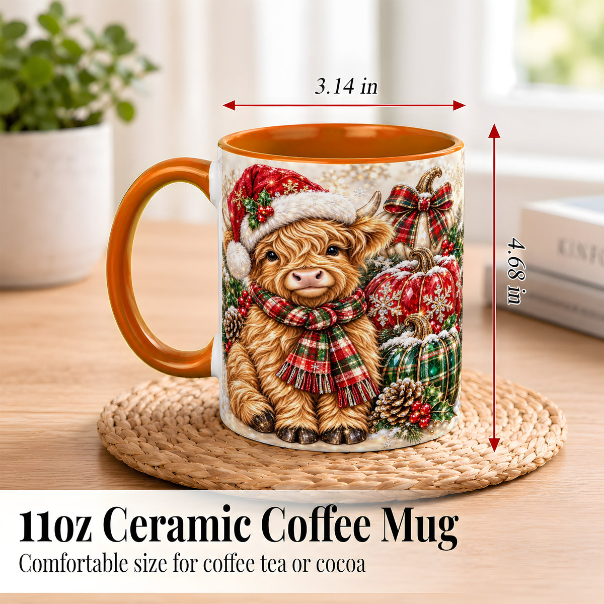 #pl[11oz|Orange] Christmas Highland Cow Coffee Mug, Holiday Pumpkin Cow Mug, Ceramic Cup
