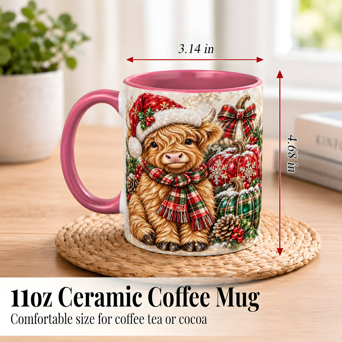 #pl[11oz|Pink] Christmas Highland Cow Coffee Mug, Holiday Pumpkin Cow Mug, Ceramic Cup