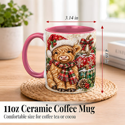 #pl[11oz|Pink] Christmas Highland Cow Coffee Mug, Holiday Pumpkin Cow Mug, Ceramic Cup