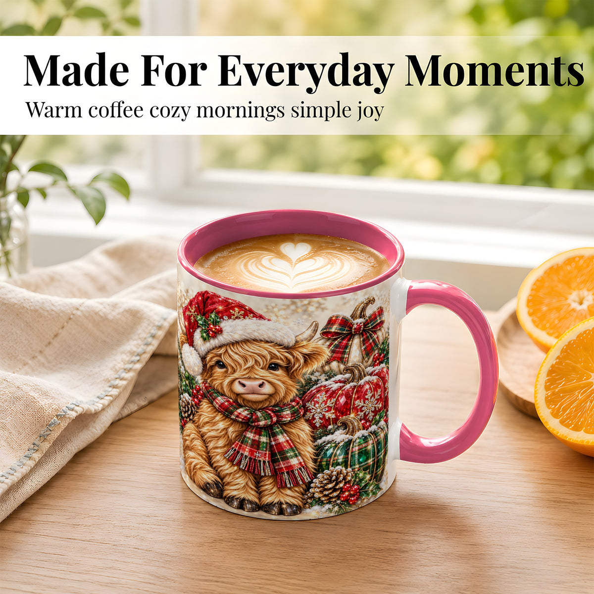 #pl[11oz|Pink] Christmas Highland Cow Coffee Mug, Holiday Pumpkin Cow Mug, Ceramic Cup