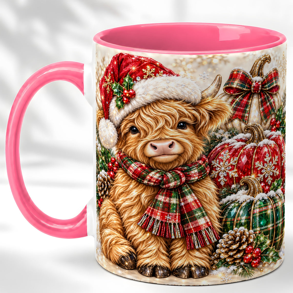 #pl[11oz|Pink] Christmas Highland Cow Coffee Mug, Holiday Pumpkin Cow Mug, Ceramic Cup
