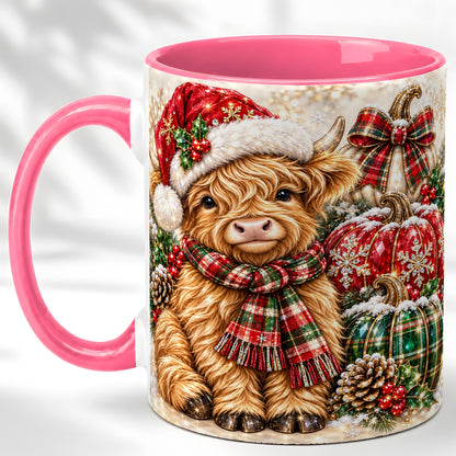 #pl[11oz|Pink] Christmas Highland Cow Coffee Mug, Holiday Pumpkin Cow Mug, Ceramic Cup