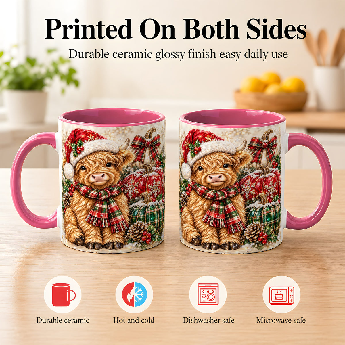 #pl[11oz|Pink] Christmas Highland Cow Coffee Mug, Holiday Pumpkin Cow Mug, Ceramic Cup