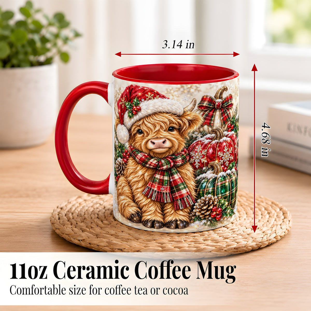 #pl[11oz|Red] Christmas Highland Cow Coffee Mug, Holiday Pumpkin Cow Mug, Ceramic Cup