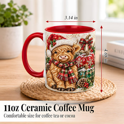 #pl[11oz|Red] Christmas Highland Cow Coffee Mug, Holiday Pumpkin Cow Mug, Ceramic Cup