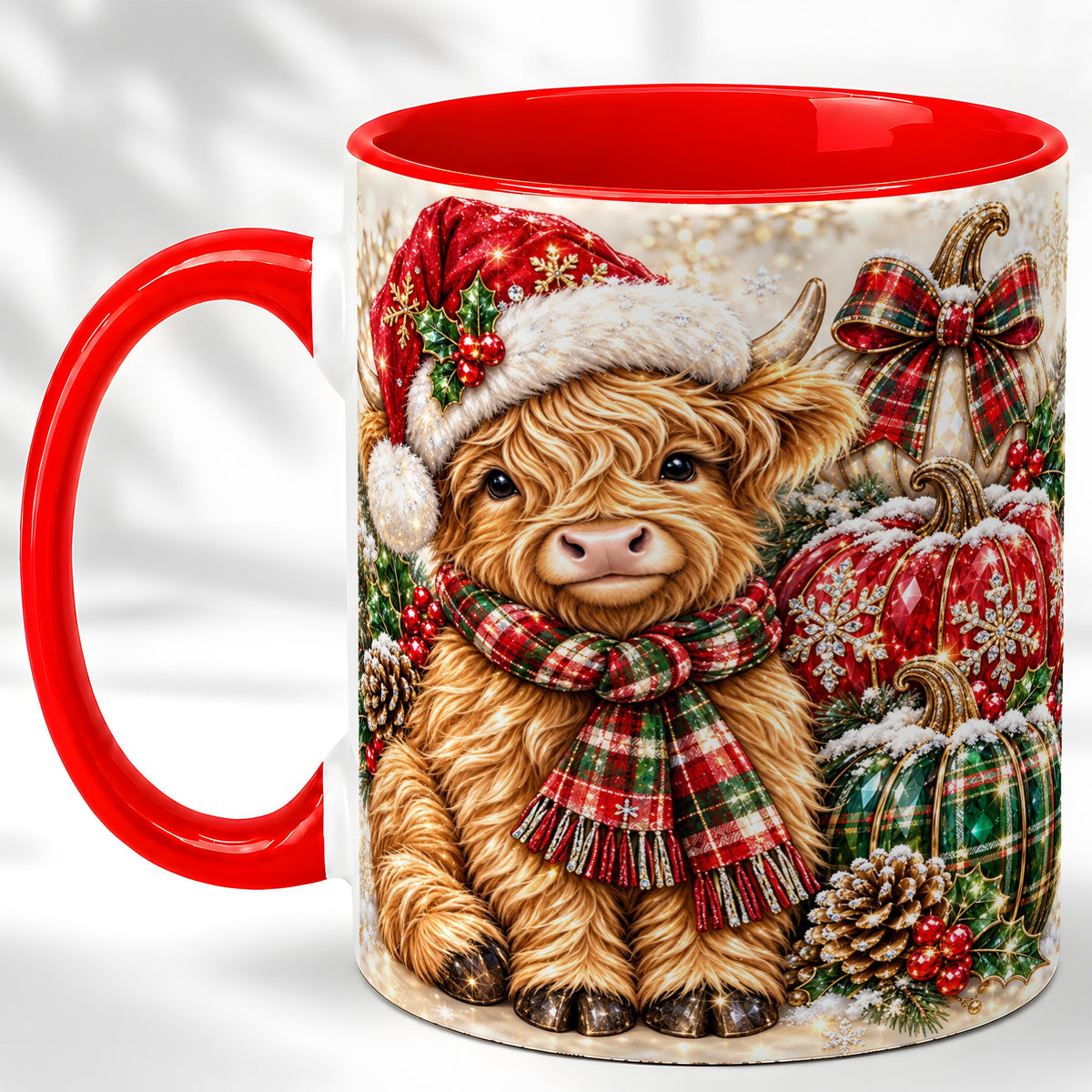 #pl[11oz|Red] Christmas Highland Cow Coffee Mug, Holiday Pumpkin Cow Mug, Ceramic Cup