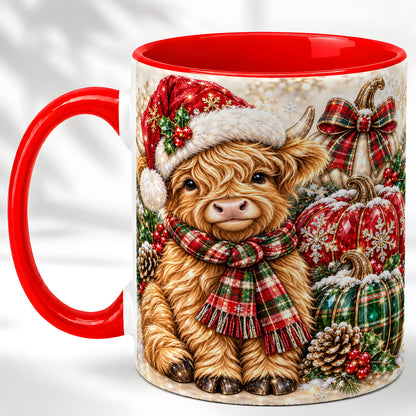 #pl[11oz|Red] Christmas Highland Cow Coffee Mug, Holiday Pumpkin Cow Mug, Ceramic Cup