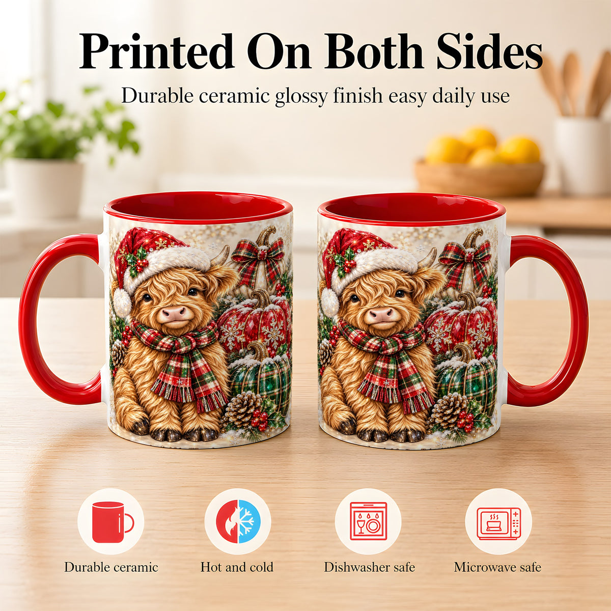 #pl[11oz|Red] Christmas Highland Cow Coffee Mug, Holiday Pumpkin Cow Mug, Ceramic Cup
