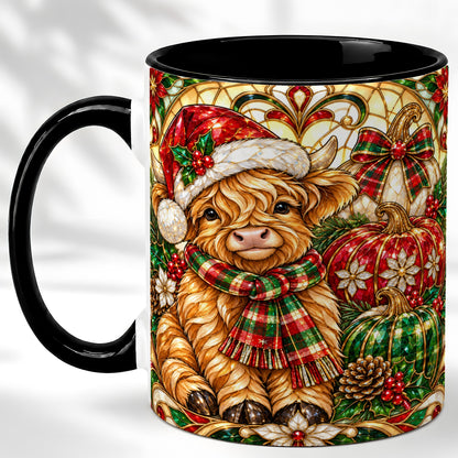 #pl[11oz|Black] Stained Glass Highland Cow Coffee Mug, Holiday Pumpkin Mug, Ceramic Cup