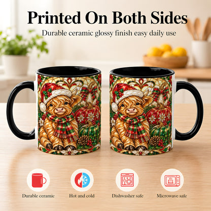 #pl[11oz|Black] Stained Glass Highland Cow Coffee Mug, Holiday Pumpkin Mug, Ceramic Cup