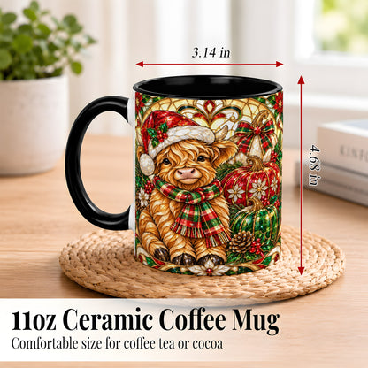 #pl[11oz|Black] Stained Glass Highland Cow Coffee Mug, Holiday Pumpkin Mug, Ceramic Cup