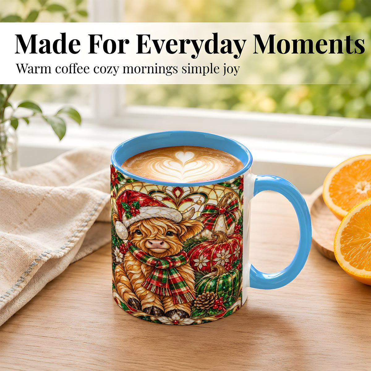 #pl[11oz|Blue] Stained Glass Highland Cow Coffee Mug, Holiday Pumpkin Mug, Ceramic Cup