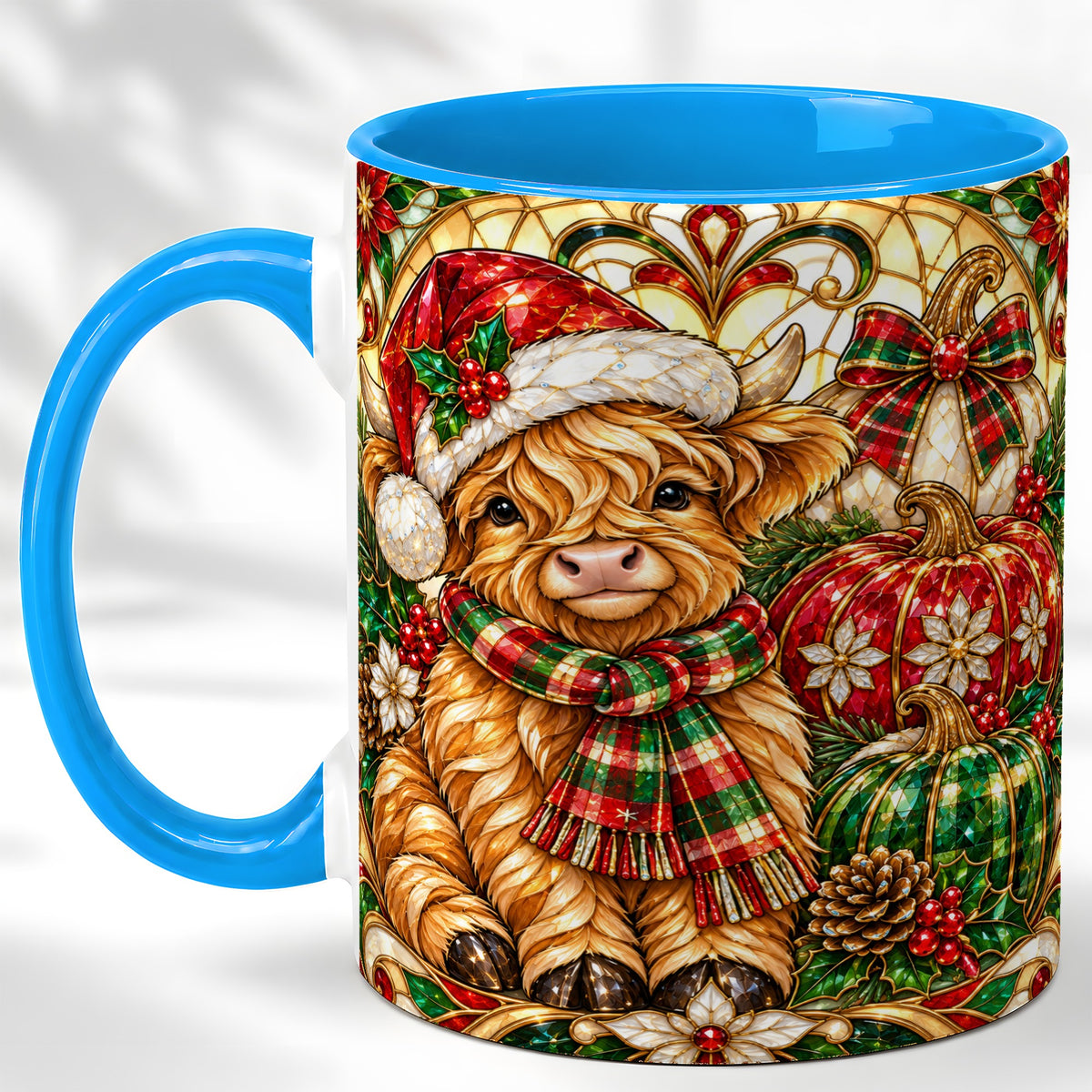 #pl[11oz|Blue] Stained Glass Highland Cow Coffee Mug, Holiday Pumpkin Mug, Ceramic Cup