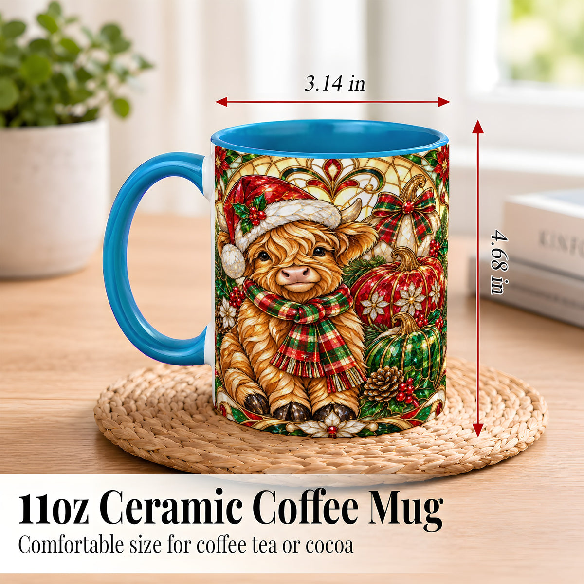 #pl[11oz|Blue] Stained Glass Highland Cow Coffee Mug, Holiday Pumpkin Mug, Ceramic Cup
