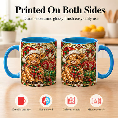 #pl[11oz|Blue] Stained Glass Highland Cow Coffee Mug, Holiday Pumpkin Mug, Ceramic Cup