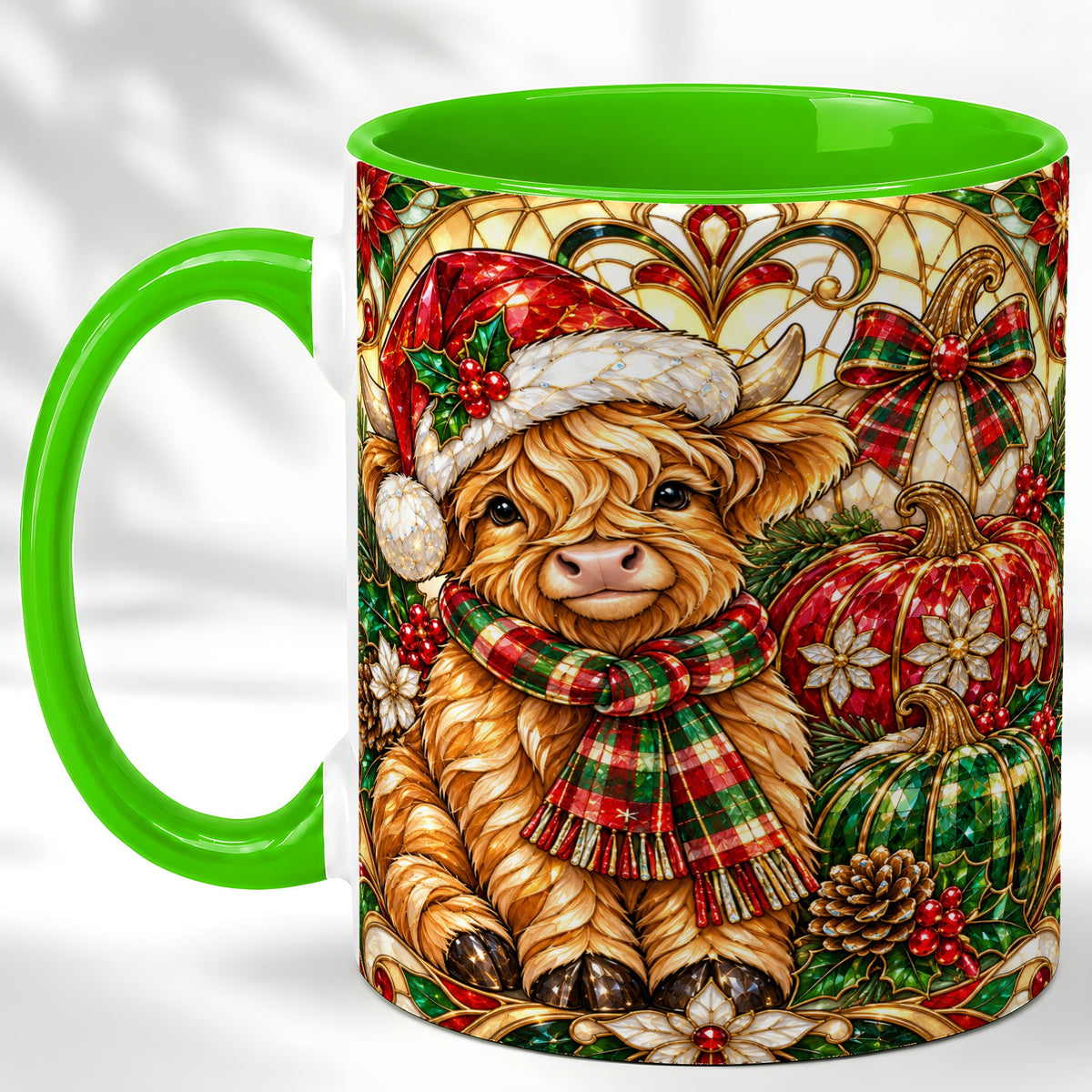 #pl[11oz|Green] Stained Glass Highland Cow Coffee Mug, Holiday Pumpkin Mug, Ceramic Cup