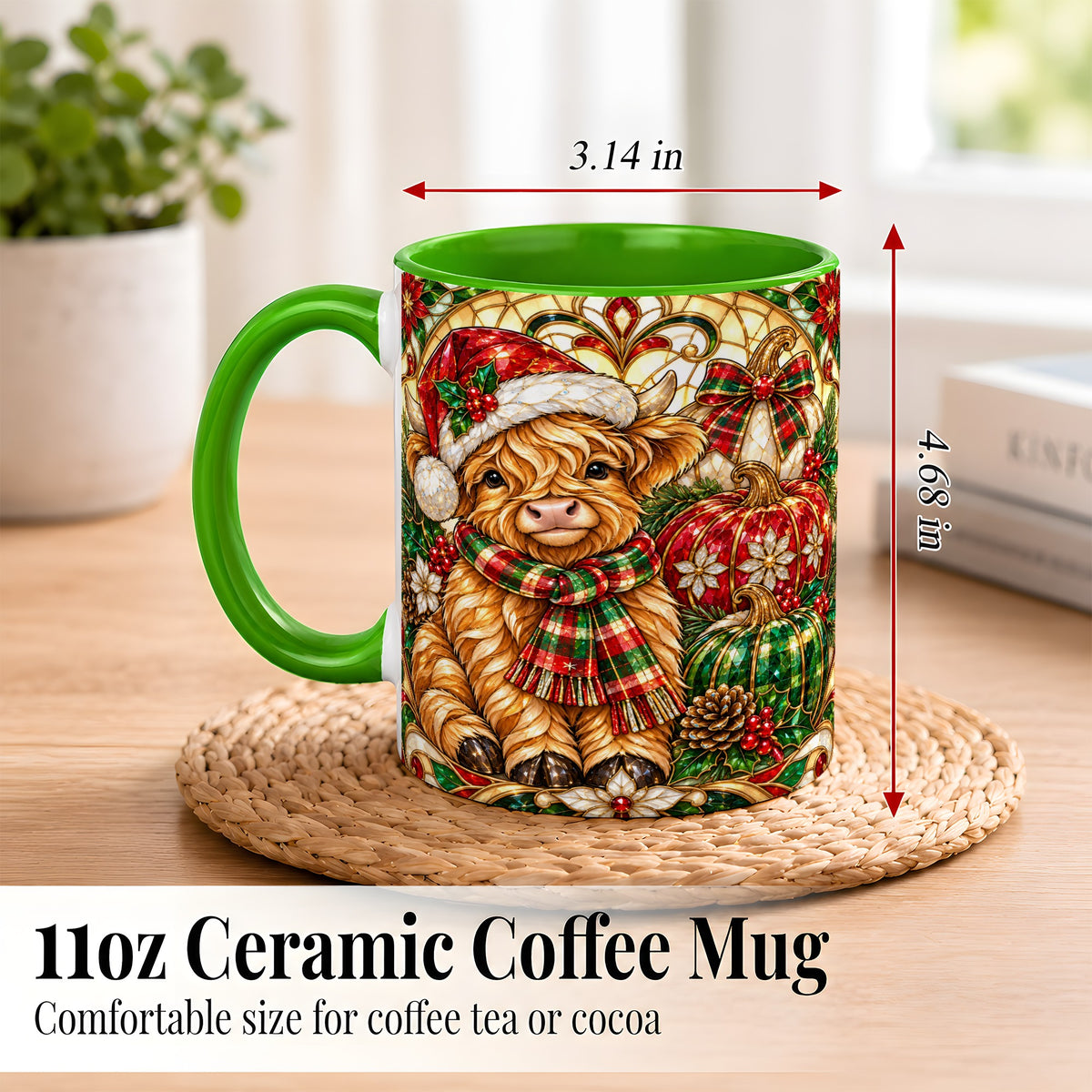 #pl[11oz|Green] Stained Glass Highland Cow Coffee Mug, Holiday Pumpkin Mug, Ceramic Cup