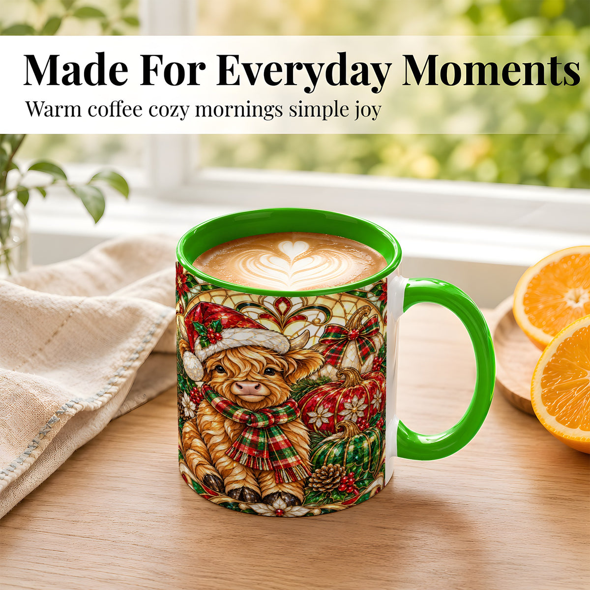 #pl[11oz|Green] Stained Glass Highland Cow Coffee Mug, Holiday Pumpkin Mug, Ceramic Cup